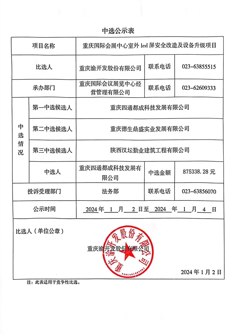 重庆国际会展中心室外led屏安全改造及设备升级项目-中选公示表